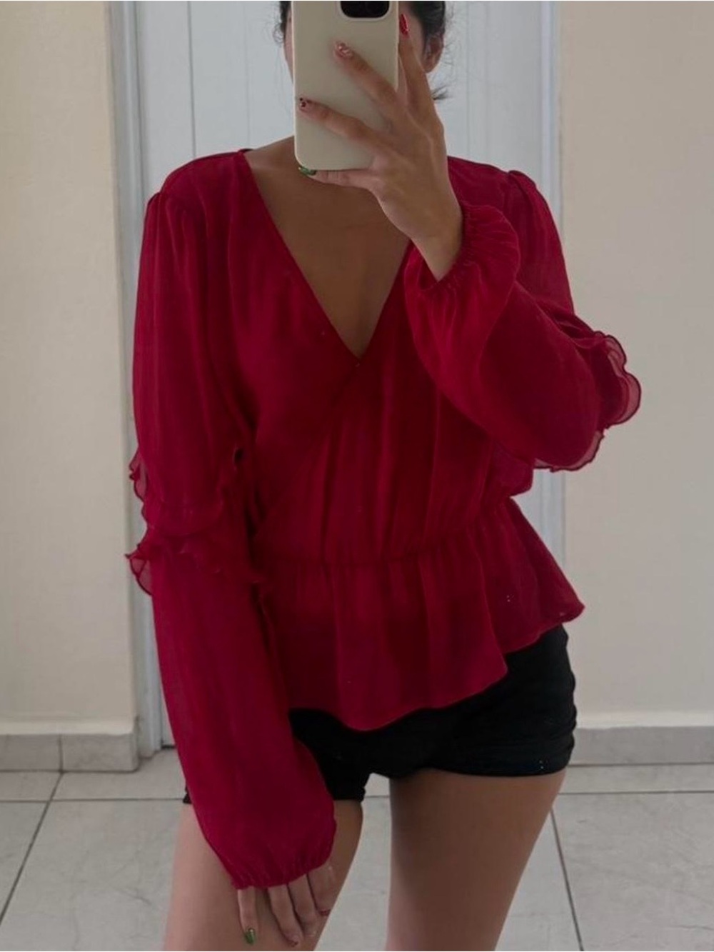 Guess Deep Red V-Neck Peplum Blouse